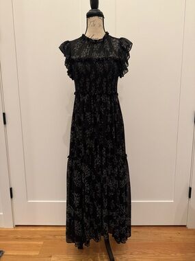 cinq a sept Black Floral Ruffle Maxi Dress